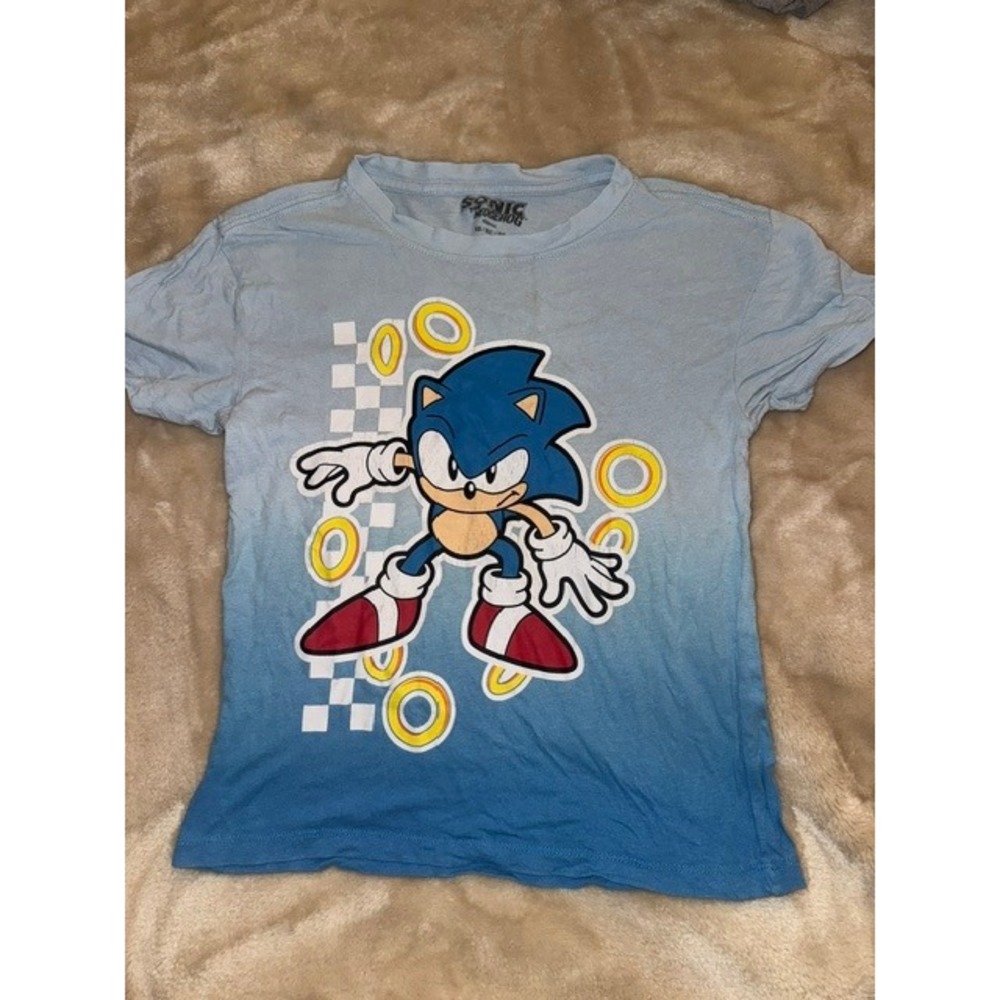 Sonic the Hedgehog Boys Blue Graphic T-Shirt SEGA Double Sided Size XS 4/5 (D)